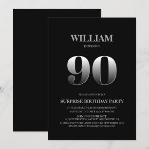 Simple Black Silver Surprise 90th Birthday Invitation