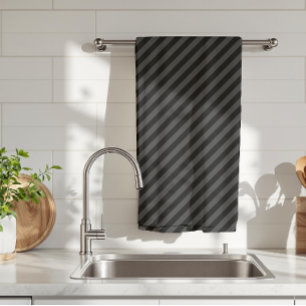 Simple Black & Smoky Black Narrow Diagonal Stripes Kitchen Towel