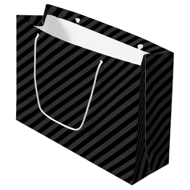 Simple Black & Smoky Black Narrow Diagonal Stripes Large Gift Bag (Front Angled)