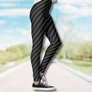 Simple Black & Smoky Black Narrow Diagonal Stripes Leggings