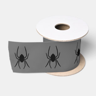 Simple Black Spider Silhouettes On Grey Halloween Satin Ribbon
