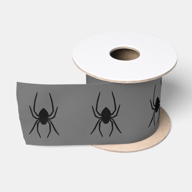 Simple Black Spider Silhouettes On Grey Halloween Satin Ribbon (Spool)