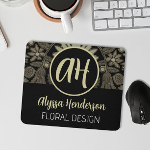 Simple Black & Tan Floral Design Business Logo Mouse Pad