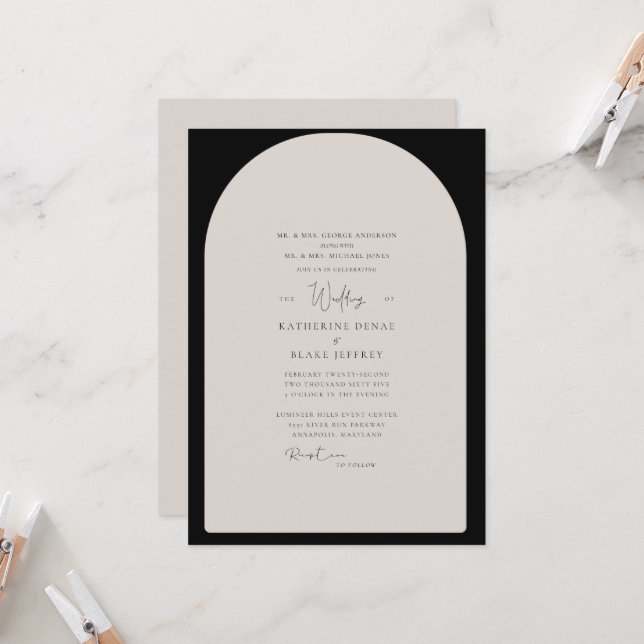 Simple Black & Tan Geometric Contemporary Wedding Invitation (Front/Back In Situ)