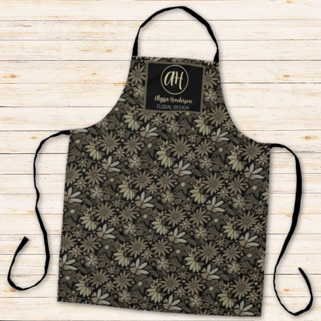 Simple Black & Tan Logo Floral Pattern Florist Apron (Creator Uploaded)