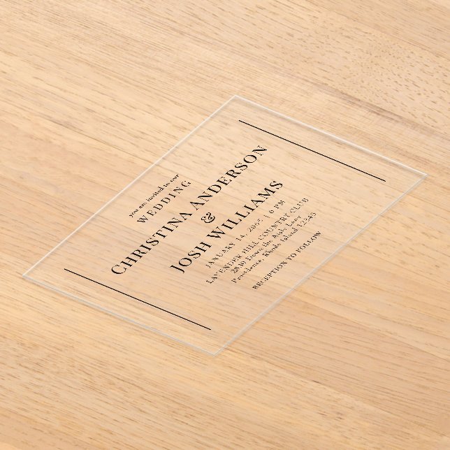Simple Black Text Wedding  Acrylic Invitations (Laydown)