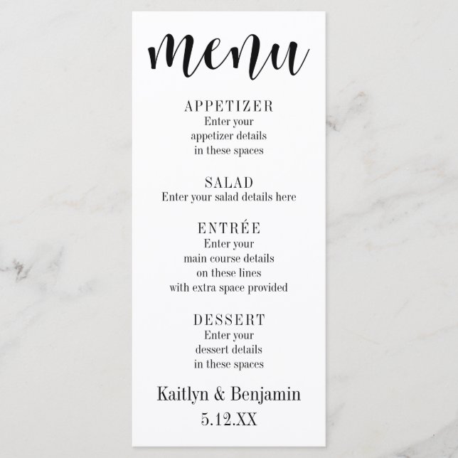 Simple Black Typography on White Wedding Menu (Front)