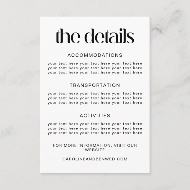 Simple Black Typography Wedding Details Template (Front)
