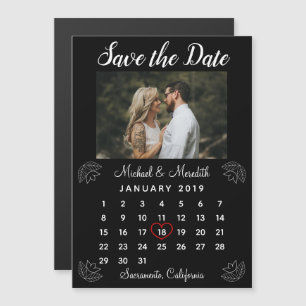Simple Black Wedding Calendar Photo Save the Date Magnetic Invitation