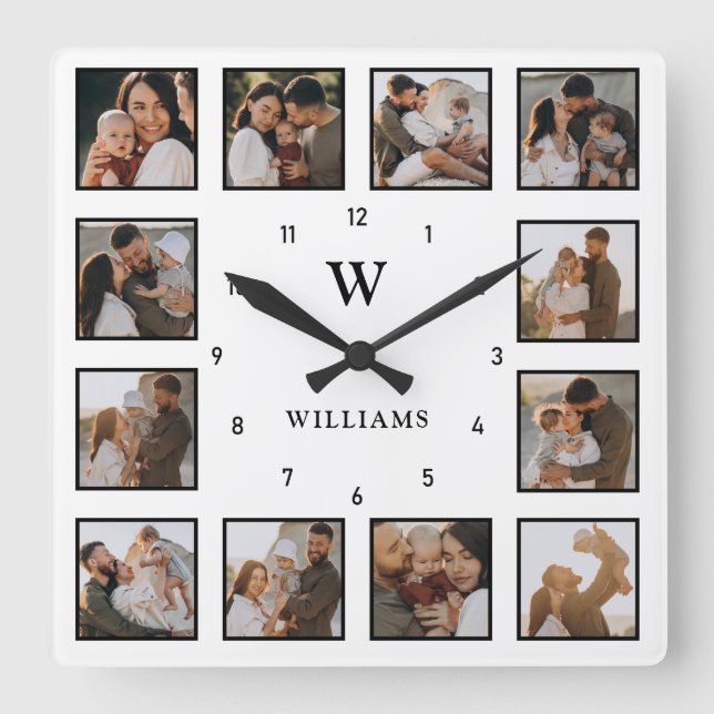 Simple Black & White 12-Photo Collage Initial Name Square Wall Clock (Front)