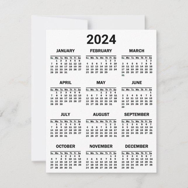 Simple Black & White 2024 Year At Glance Calendar Card (Front)