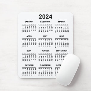 Simple Black & White 2024 Year At Glance Calendar Mouse Pad