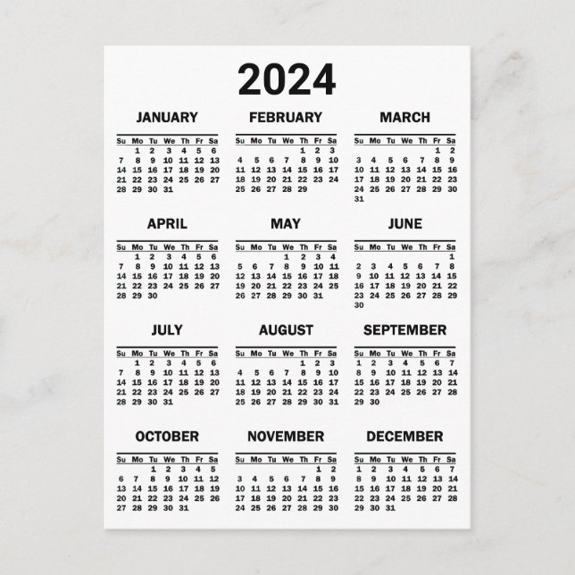 Simple Black & White 2024 Year At Glance Calendar Postcard (Front)