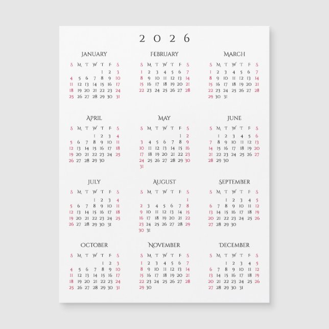 Simple Black White 2026 New Year Magnetic Calendar (Front)