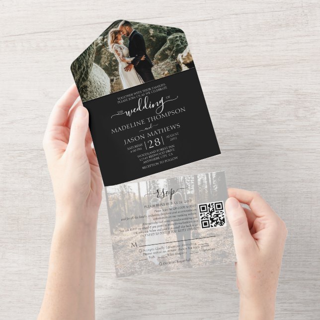 Simple Black White 2 Photo QR Code RSVP Wedding All In One Invitation (Tearaway)
