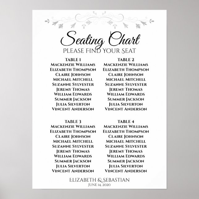 Simple Black & White 4 Table Wedding Seating Chart (Front)