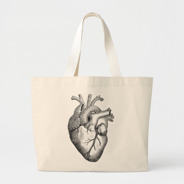 Simple Black White Anatomy Heart Illustration Large Tote Bag (Front)