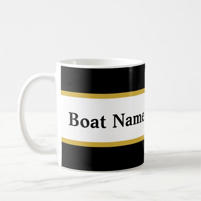 Simple Black White and Gold with Boat Name Coffee Mug (Left)