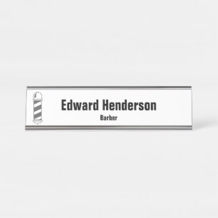 Simple Black White and Gray Barber Pole Barber Desk Name Plate