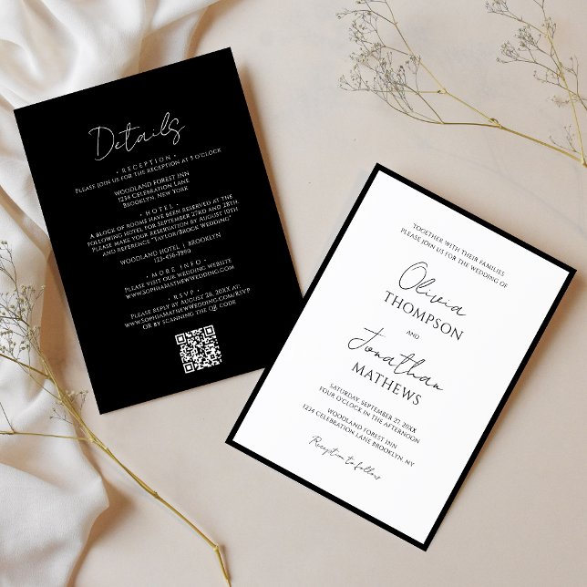 Simple Black White Border Script QR Code Wedding Invitation (Creator Uploaded)
