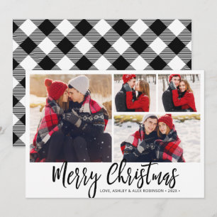 Simple Black White Buffalo Plaid 4 Photo Collage Holiday Card
