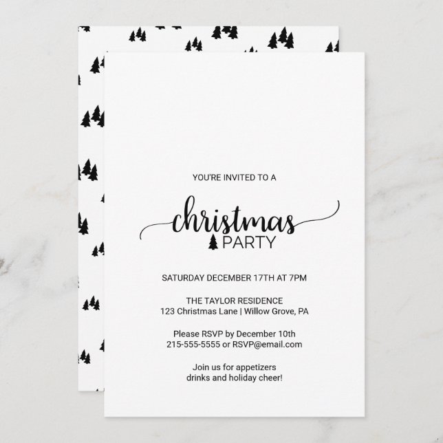 Simple Black & White Calligraphy Christmas Party Invitation (Front/Back)