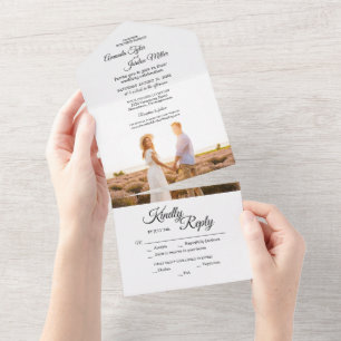 Simple Black White Calligraphy Frame Photo Wedding All In One Invitation