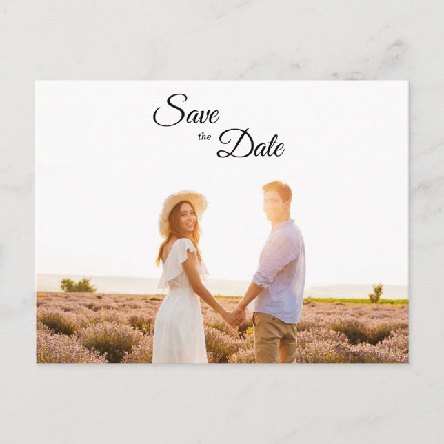Simple Black White Calligraphy Photo Save the Date Announcement Postcard (Front)