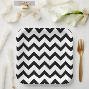 Simple black white chevron pattern lines retro paper plate