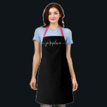 Simple Black White Chic Elegant Name Script Apron<br><div class="desc">She'll love a personalized apron as she bakes those goodies,  cooks delicious dishes or work with her plants. A perfect gift to encourage her talents. Black script for the name with long-tail embellishments on black.</div>