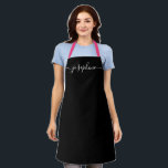 Simple Black White Chic Elegant Name Script Apron<br><div class="desc">She'll love a personalized apron as she bakes those goodies,  cooks delicious dishes or work with her plants. A perfect gift to encourage her talents. Black script for the name with long-tail embellishments on black.</div>