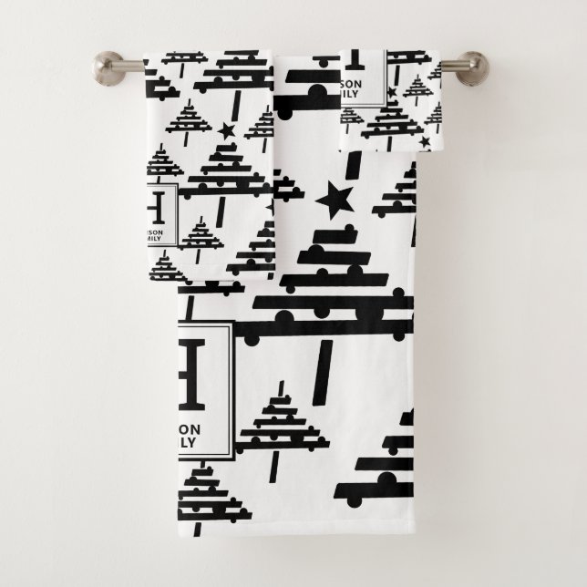 Simple Black White Christmas Tree Monogram Bath Towel Set (Insitu)