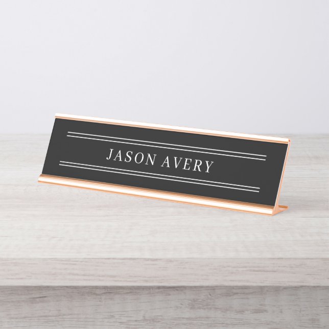 Simple Black White Classic Double Lined Desk Name Plate (Front)