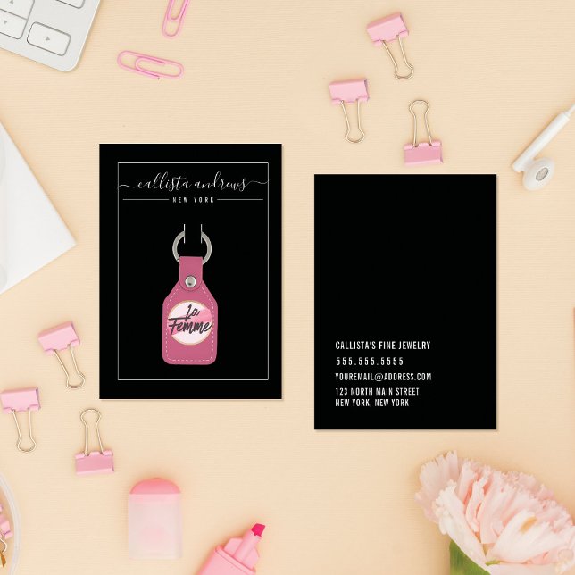 Simple Black White Cursive Keychain Display Card (Creator Uploaded)
