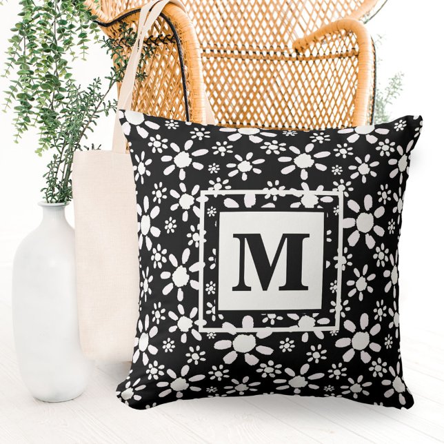 Simple Black White Daisy Flower Pattern Monogram Throw Pillow (Creator Uploaded)
