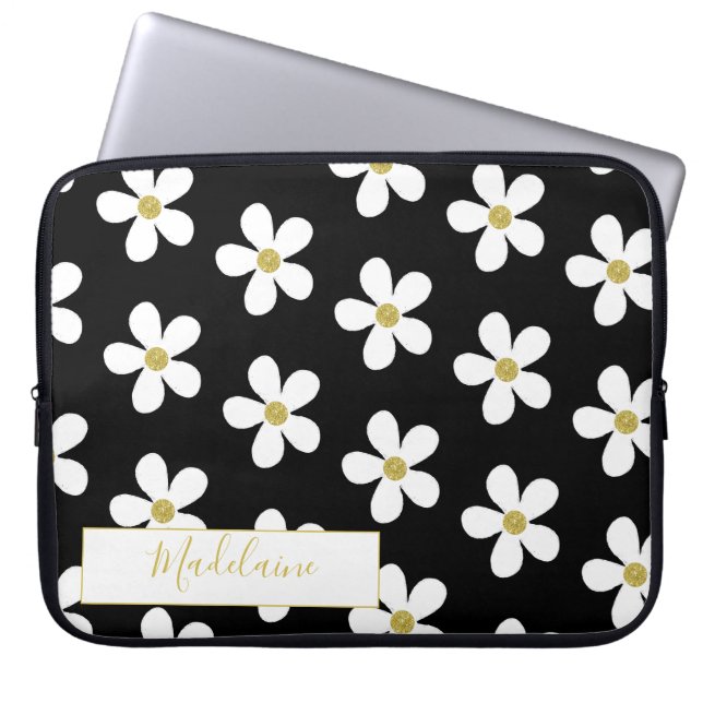 Simple Black White Daisy Pattern Gold Personal Laptop Sleeve (Front)