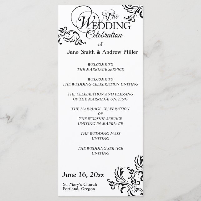 Simple black & white damask Wedding Programs (Front)