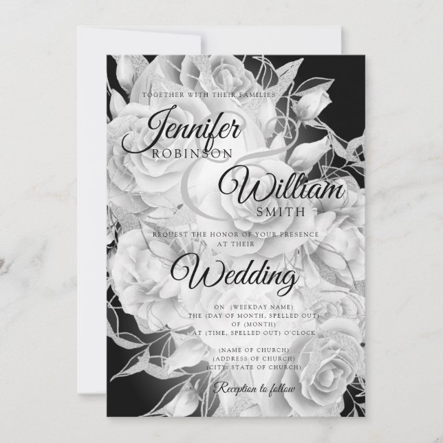 Simple Black & White Elegant Floral Wedding Invitation (Front)