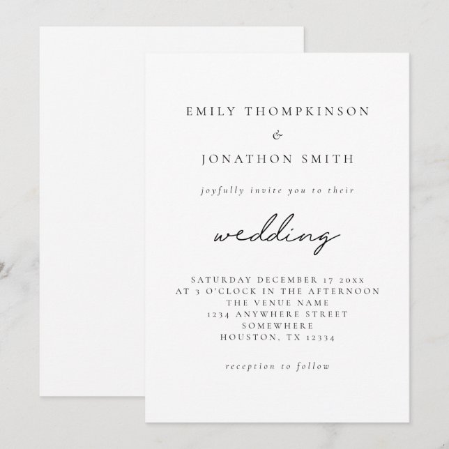 Simple Black White Elegant Script Wedding Invitation (Front/Back)