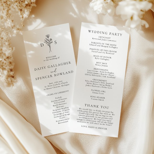 Simple Black & White Floral Monogram Tall Wedding Program (Creator Uploaded)