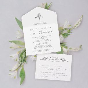 Simple Black & White Floral Monogram Wedding All In One Invitation