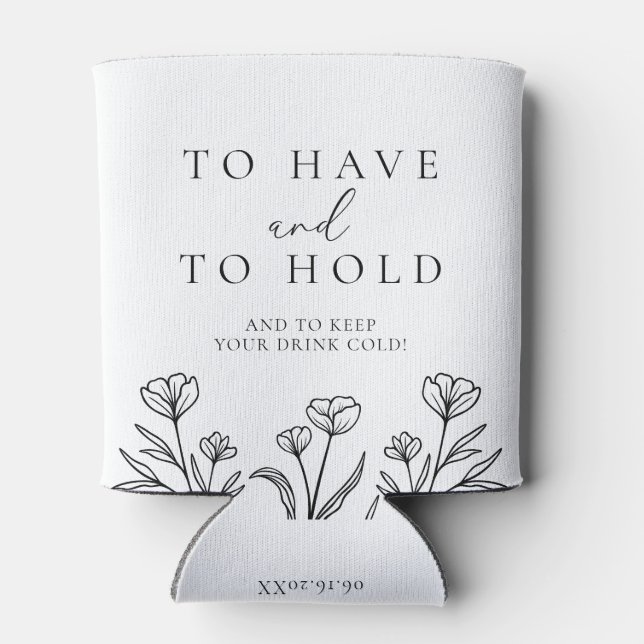 Simple Black & White Floral Monogram Wedding  Can Cooler (Back)