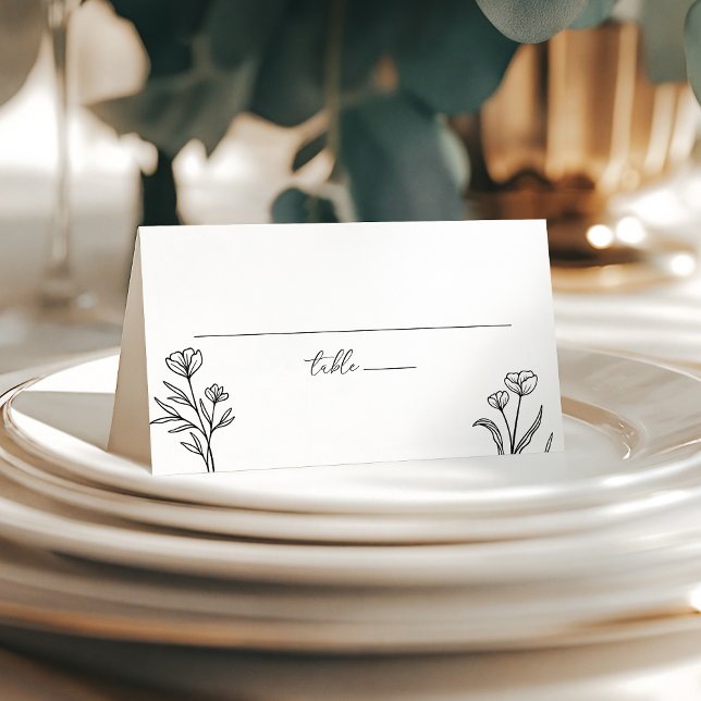Simple Black & White Floral Outline Wedding Folded Place Card (Creator Uploaded)