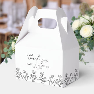 Simple Black & White Floral Outline Wedding Gable Favor Box