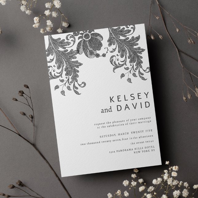 Simple black white glitter floral lace wedding  invitation (Simple black white glitter floral lace wedding)