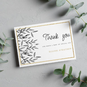 Simple black white gold floral foliage Thank You Invitation
