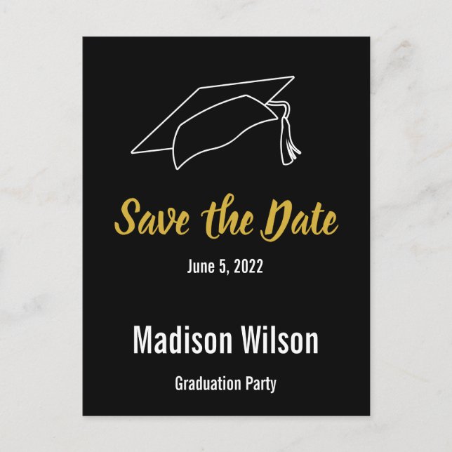 Simple Black White Gold Save the Date Graduation Announcement Postcard (Front)