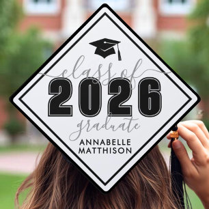 Simple Black White Graduation Cap Topper