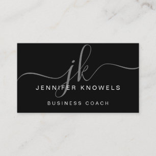 Simple Black White Grey Elegant Monogram Script Business Card