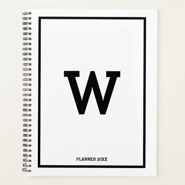 Simple Black White Initial Monogram Monthly Planner (Front)